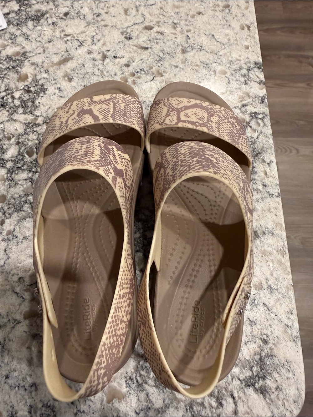 CROCS Women's Beige Snake-Print Slide Sandals